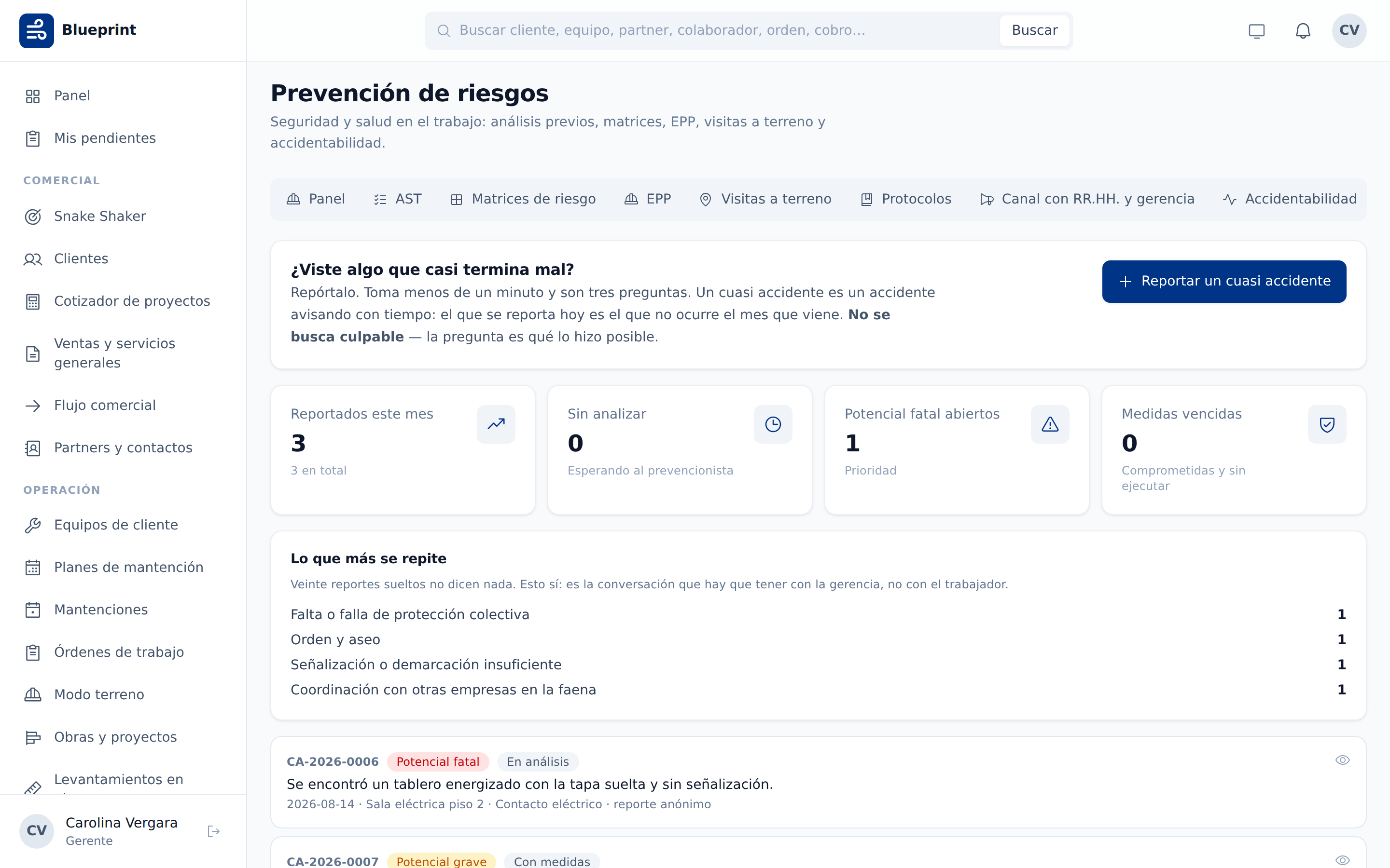 Panel de cuasi accidentes con indicadores del mes y los factores que más se repiten