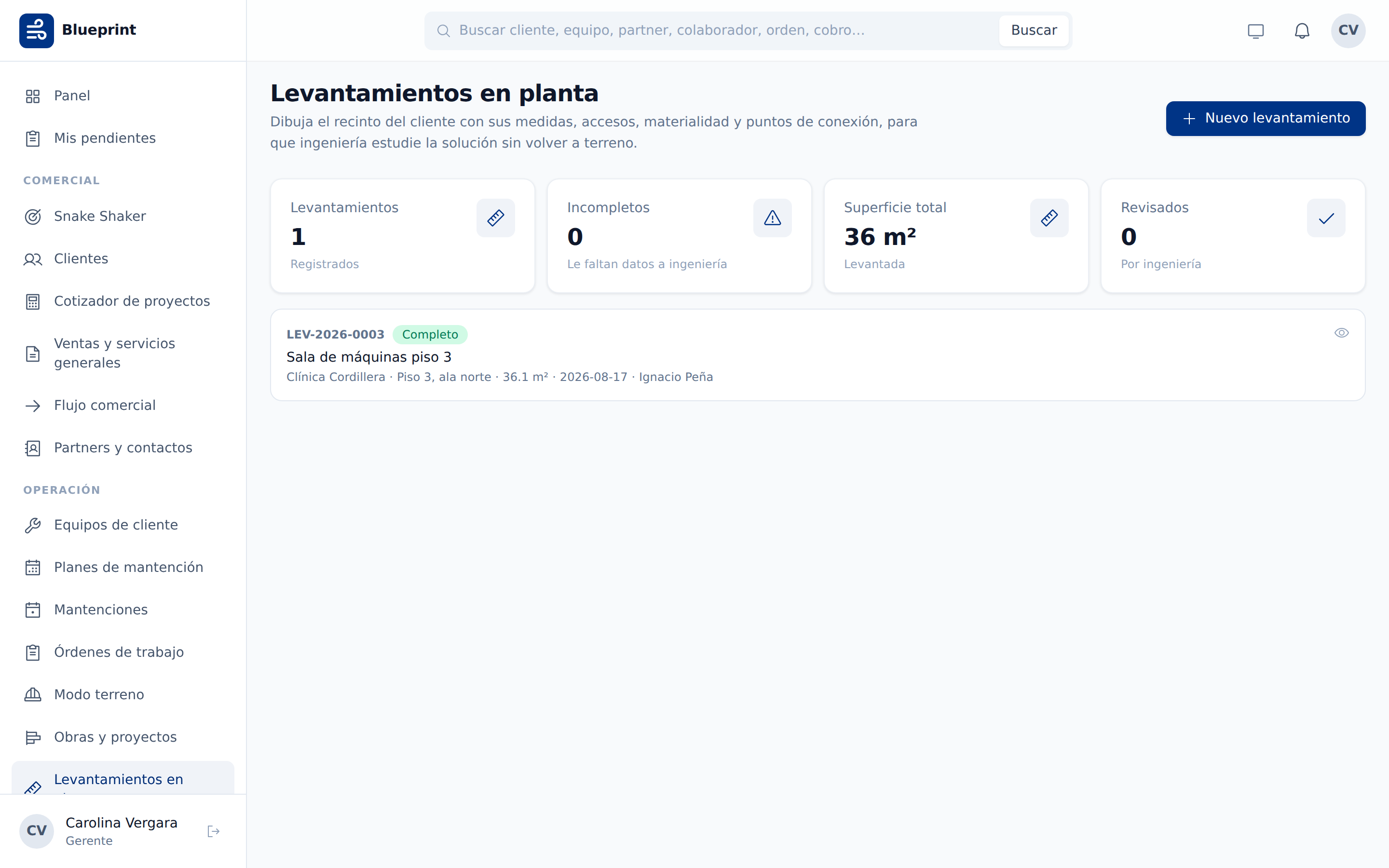 Listado de levantamientos, cada uno indicando si está completo o cuántos datos le faltan