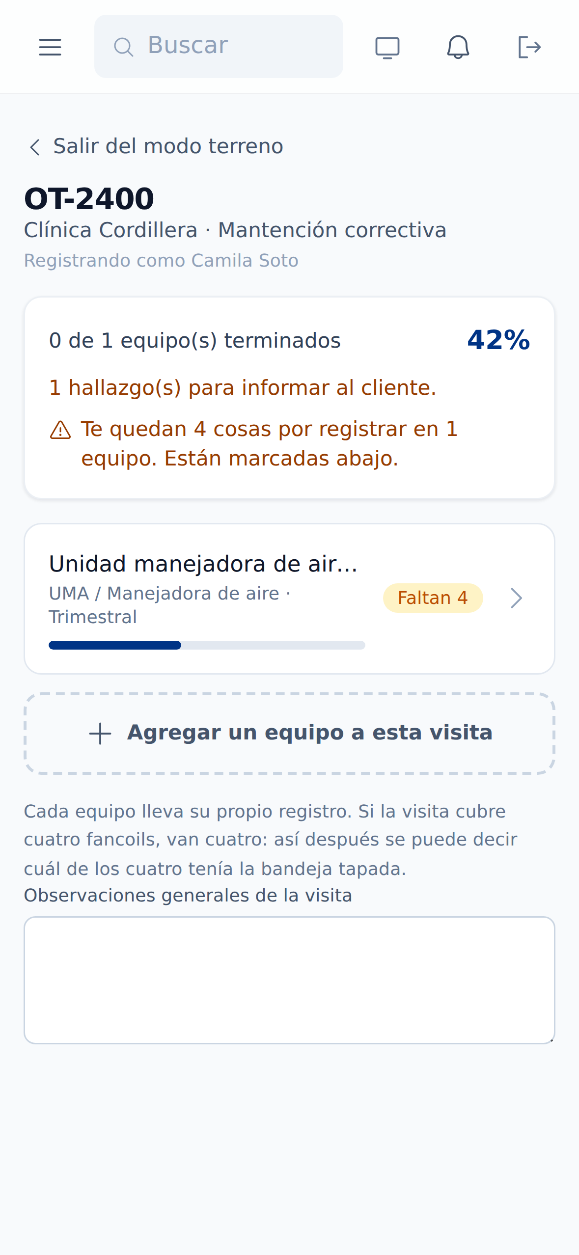 Lista de equipos de una orden de trabajo, cada uno con cuántas cosas le faltan para poder cerrarse