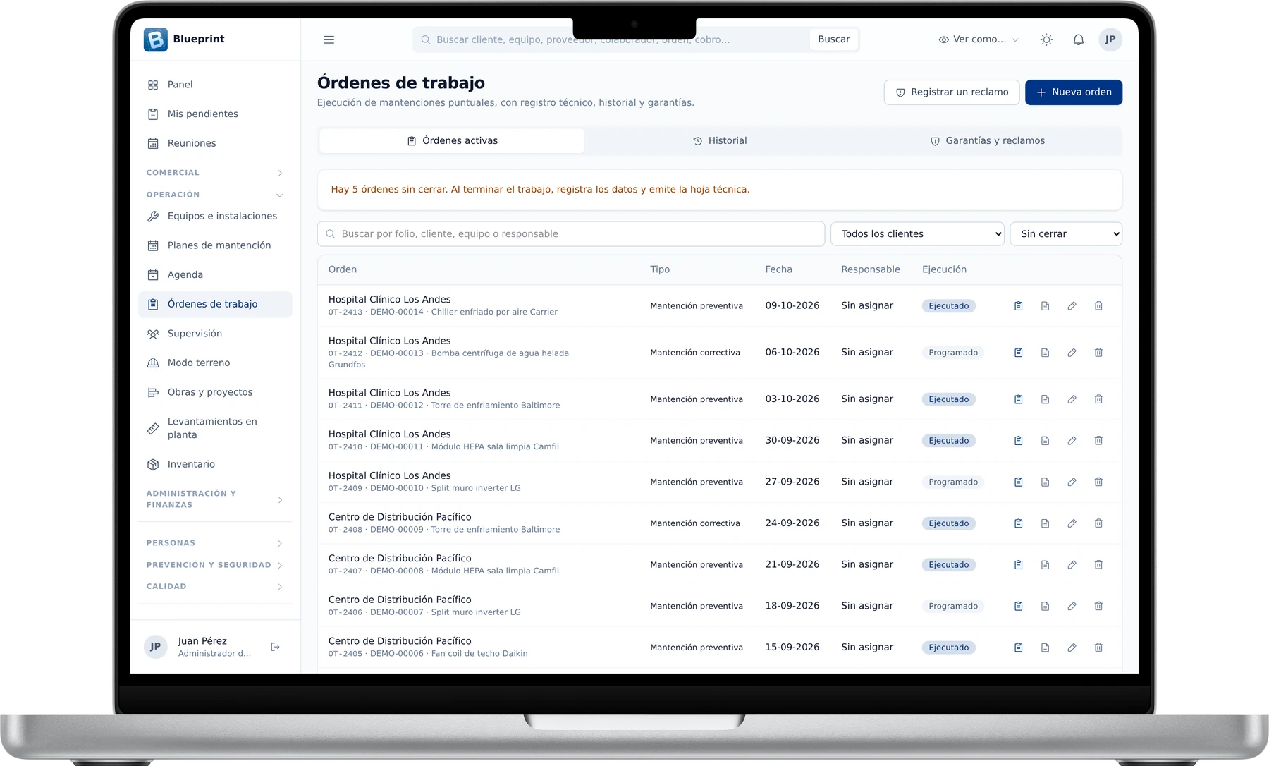 Blueprint en un computador: órdenes de trabajo
